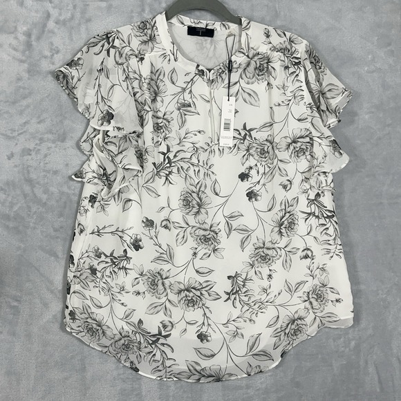 Tahari Tops - Tahari‎ Blouse White Black Floral Flutter Short Sleeve NWT L Sheer Lined Career